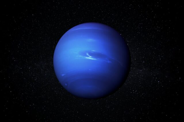Niebieska planeta Neptun z ciemną plamą burzową na tle czarnego kosmosu (kompozycja z elementami zdjęć NASA)