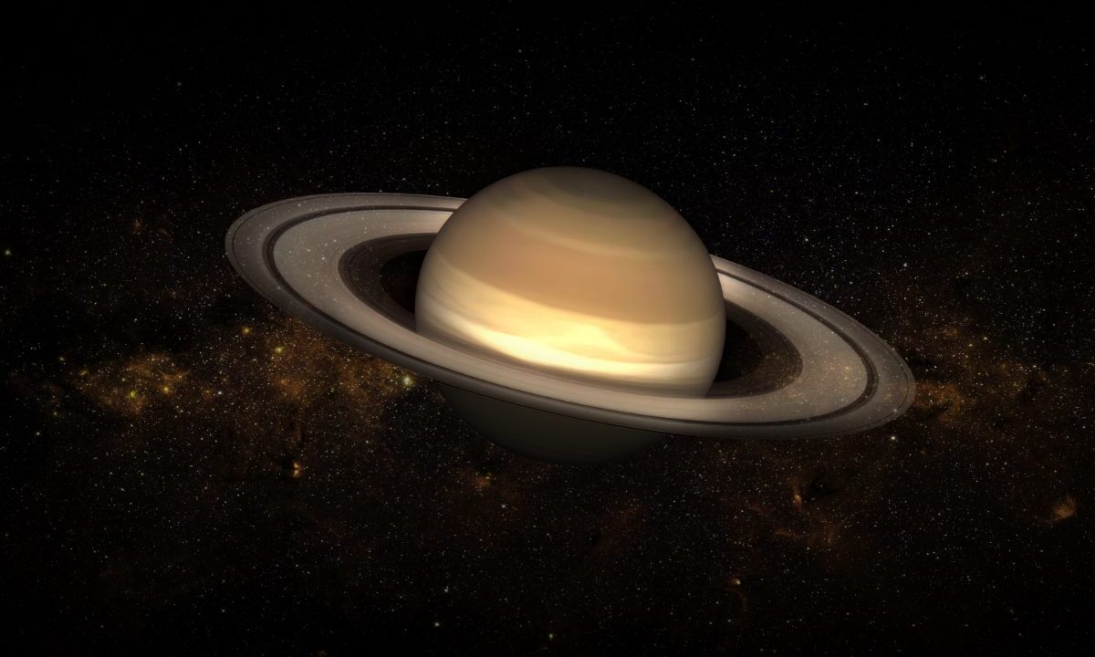 Planeta Saturn z pierścieniami na tle gwiazd – kompozycja z elementów zdjęć NASA