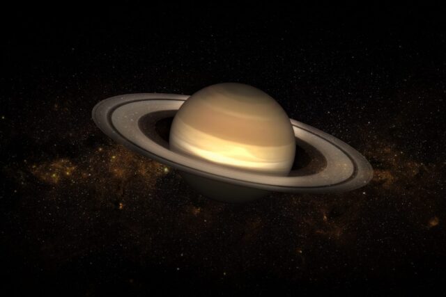Planeta Saturn z pierścieniami na tle gwiazd – kompozycja z elementów zdjęć NASA
